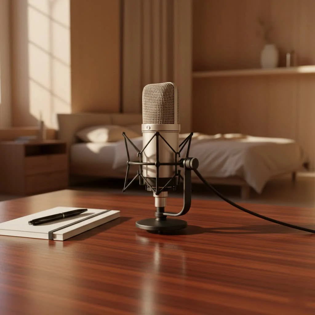 Rapper recording vocals in a professional studio with a condenser microphone