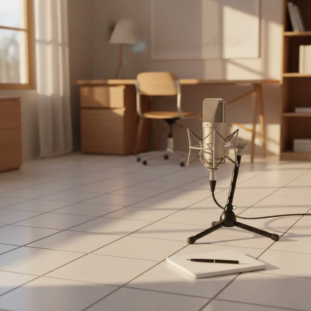 Studio microphone setup with pop filter and acoustic panels