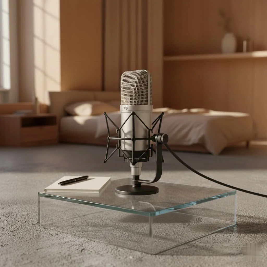 Studio recording microphone setup with pop filter