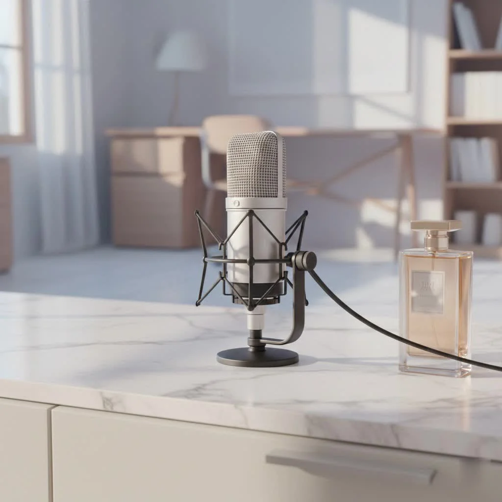 Studio microphone on a sturdy boom stand