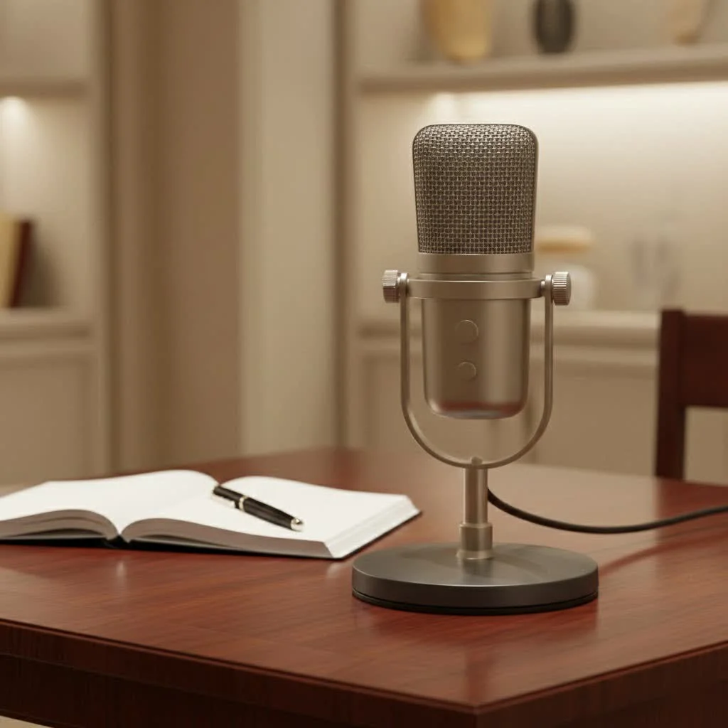 Studio microphone setup with headphones and pop filter