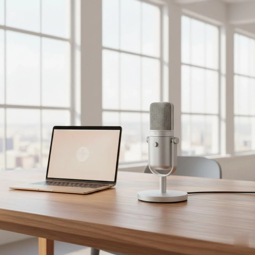 Studio microphone setup with headphones and audio interface