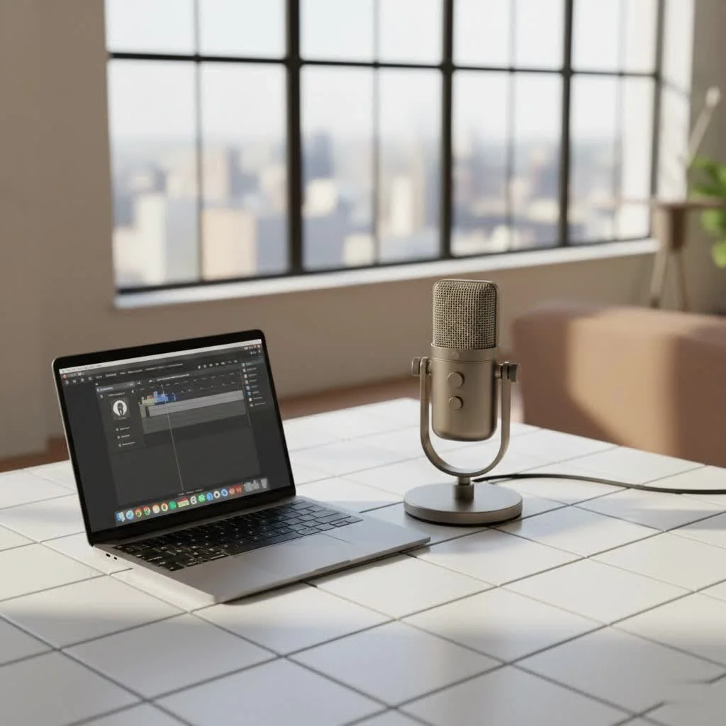 Musician recording vocals in a home studio with a condenser microphone