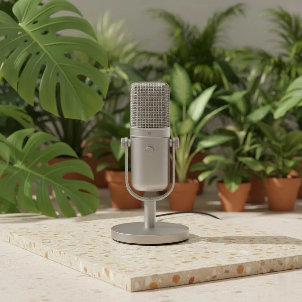 Studio quality microphone setup with headphones and mixing board