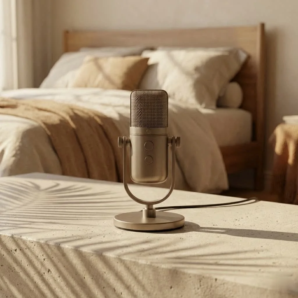 Studio microphone setup with pop filter and headphones