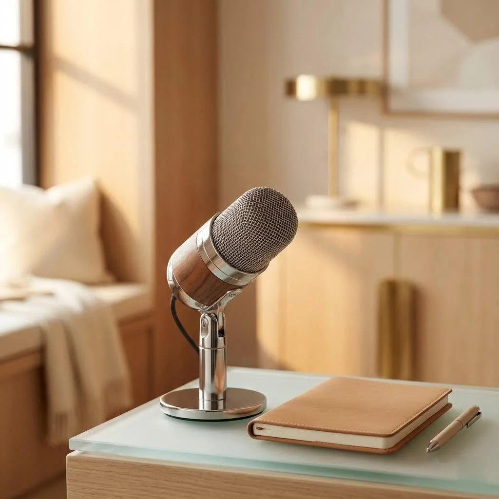 Studio microphone setup with headphones and audio interface